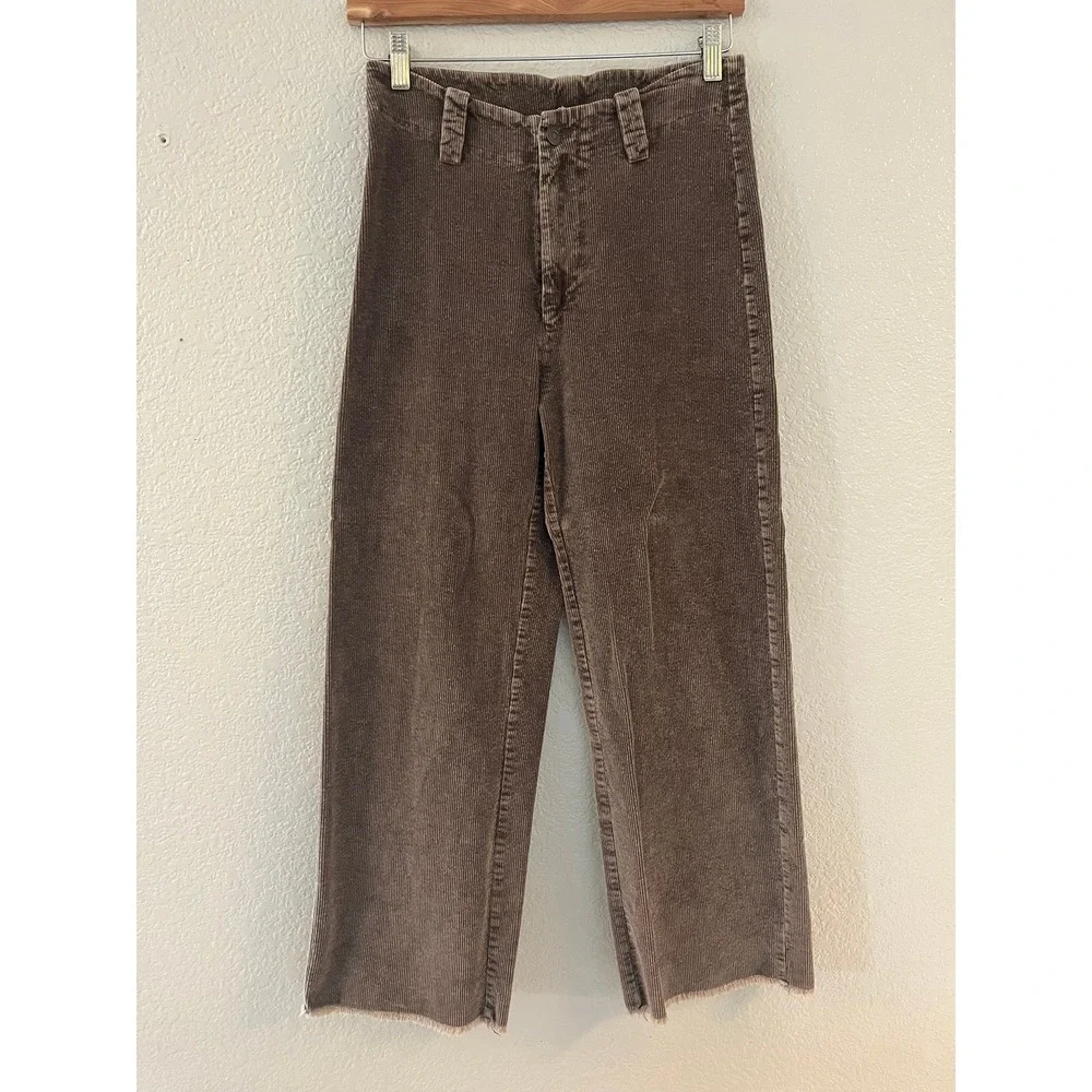 Shop‎ Stevie Womens Brown Corduroy High Rise Wide Leg Raw Hem Pants T1581 Size M